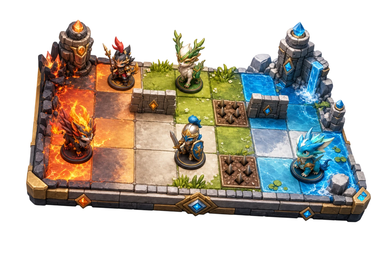A ChessGO elemental half-board diorama with creatures, terrain, and hazards