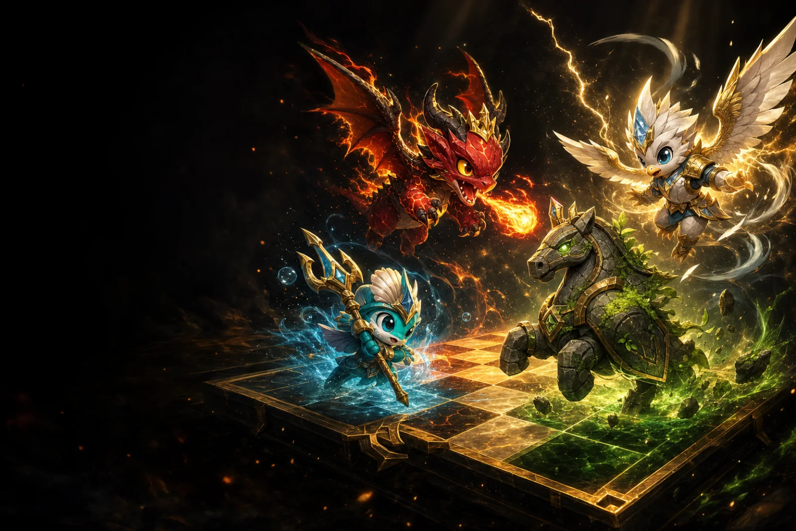 Fire, water, earth, and air creatures clashing on a glowing ChessGO battle board