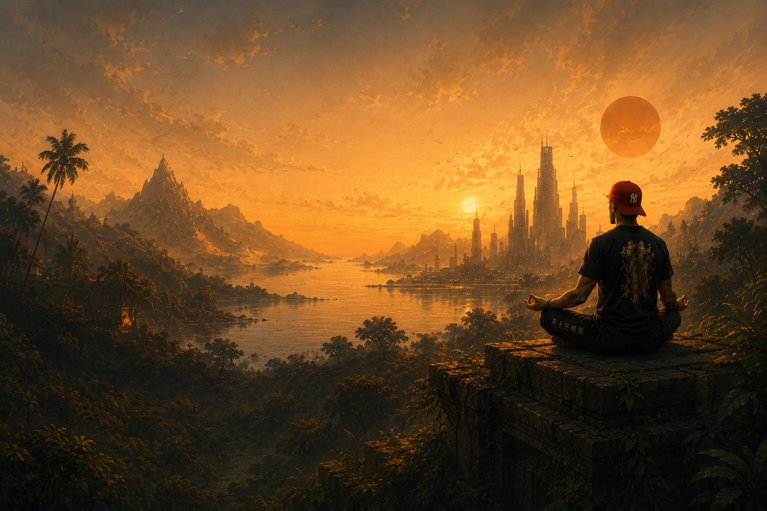 A lone figure meditating on a stone ledge at sunset, overlooking a misty river valley with mountains and a distant futuristic spired city.