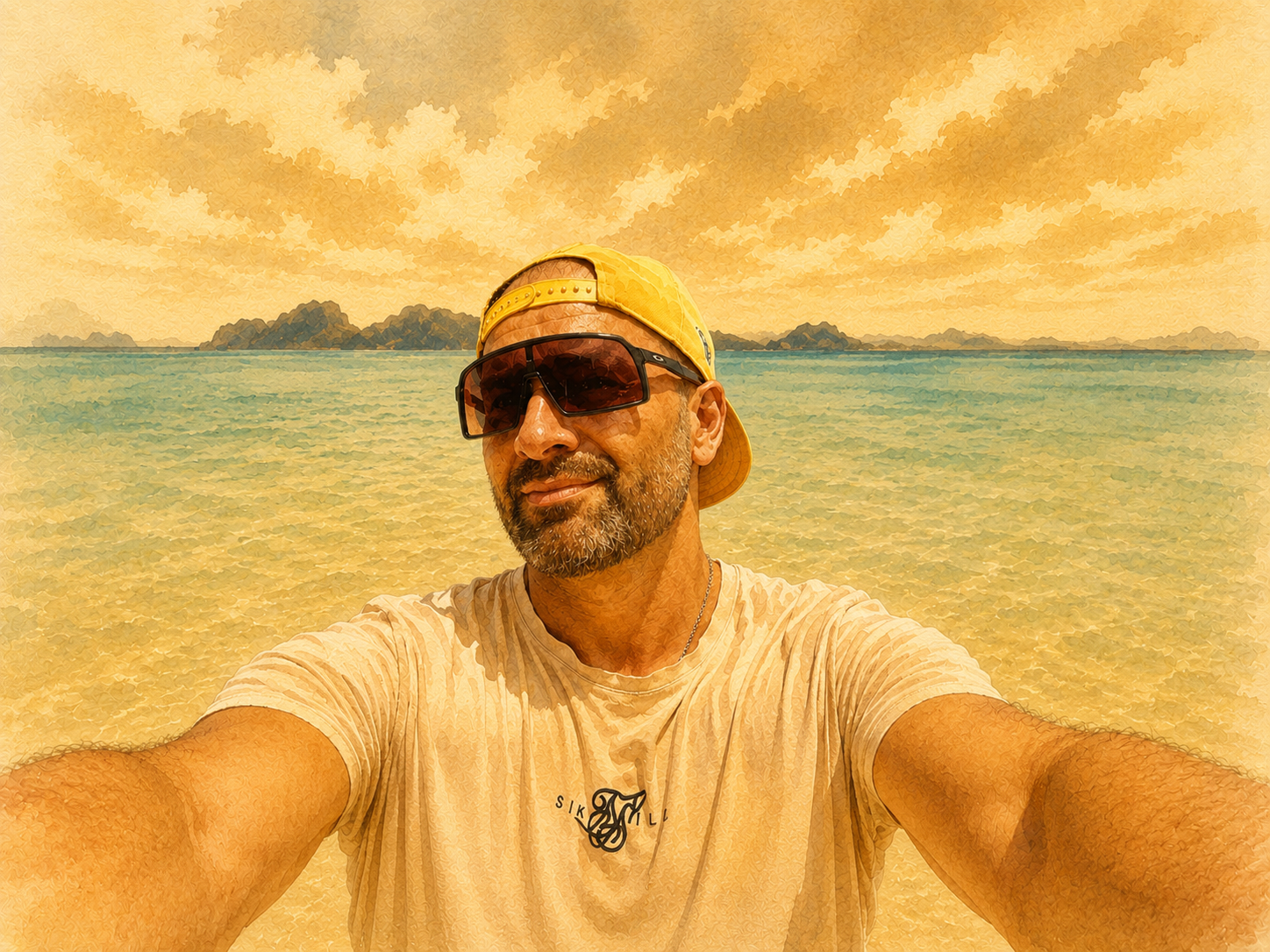 Ronny Iversen at a calm Thai shoreline, rendered as a warm watercolor: a yellow cap, sunglasses, distant islands, and a still turquoise sea.