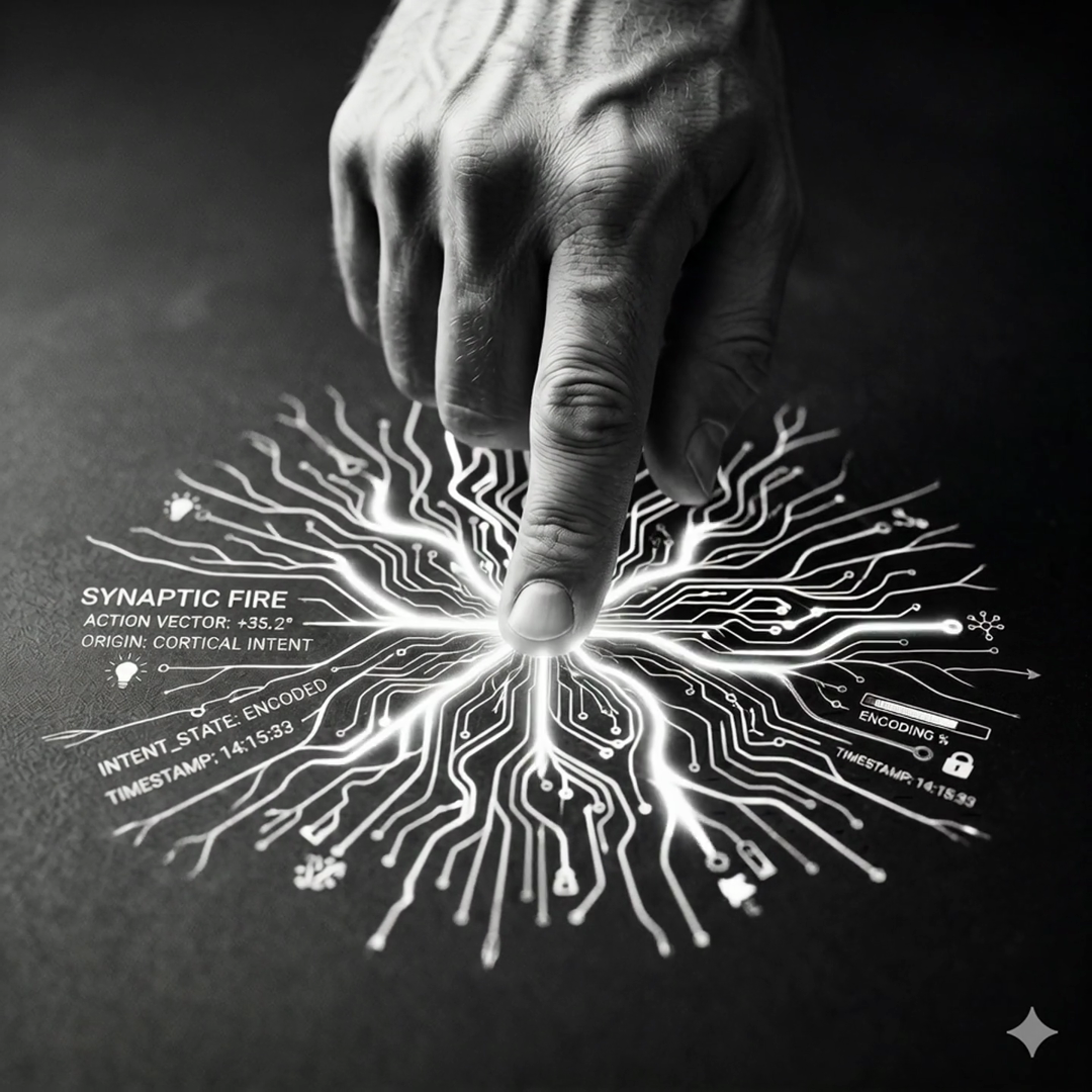 A fingertip igniting circuit-like synaptic fire — intent encoded and encrypted at the source